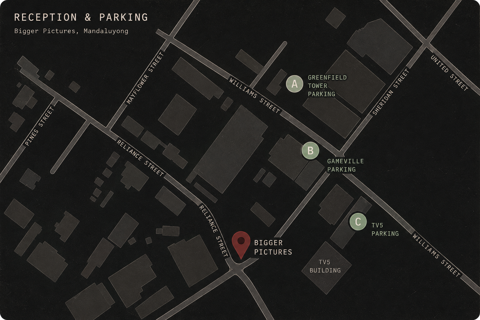 Map of Bigger Pictures in Mandaluyong with parking locations A, B and C