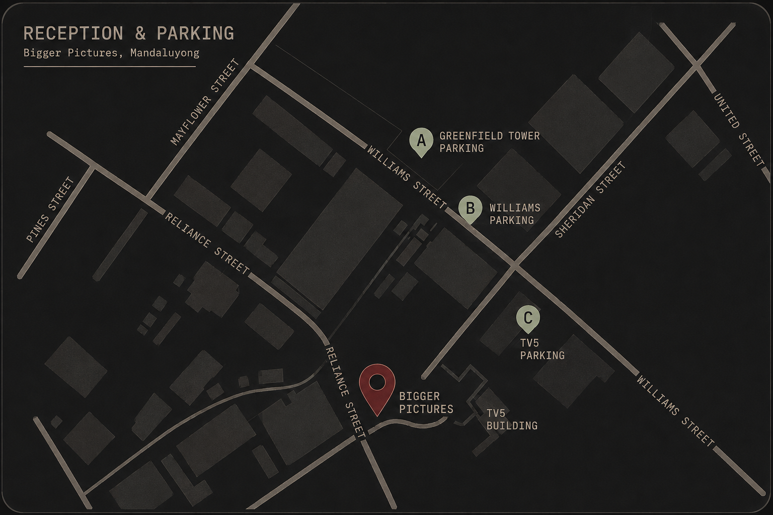 Map of Bigger Pictures in Mandaluyong with parking locations A, B and C